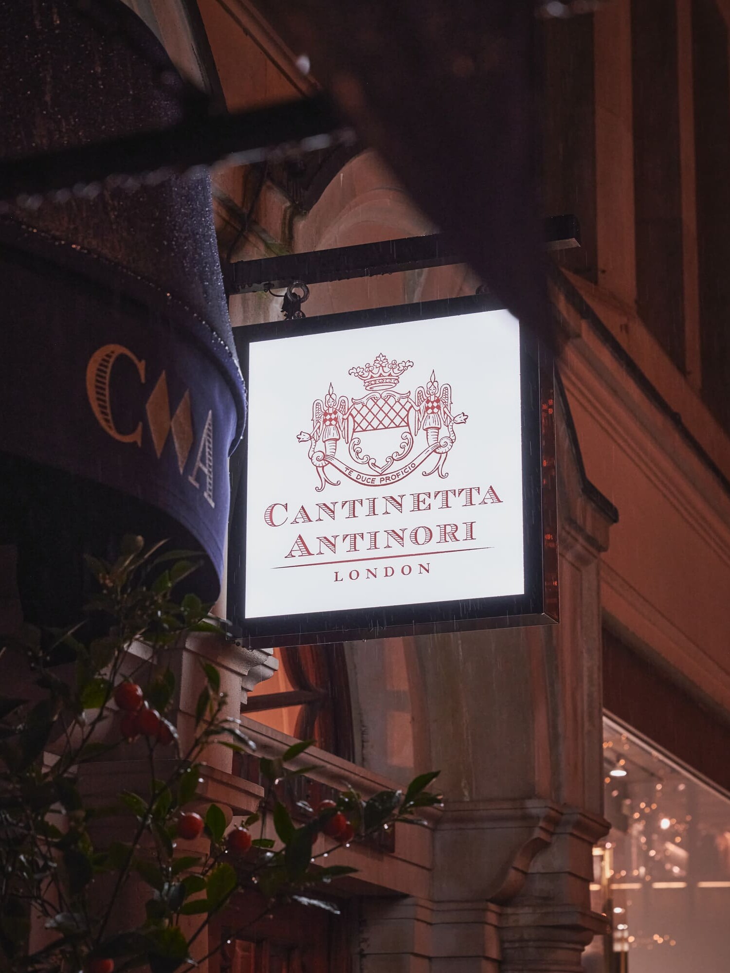 Illuminated Cantinetta Antinori London sign with the Antinori family crest at night